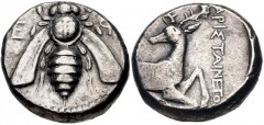 IONIA, Ephesos. Circa 405-390 BC. AR Tetradrachm (21mm, 14.95 g, 12h). Aristainetos, magistrate. Bee with curved wings / Forepart of stag right, head left; palm tree to left, APIΣTAINETOΣ to right. He