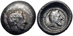 DYNASTS of LYCIA. Kherei(?). Circa 410-390 BC. AR Obol (9mm, 0.56 g, 2h). Helmeted head of Athena right / Head of Kherei right, wearing bashlyk, within incuse circle. Cf. Mørkholm & Zahle II 67 (hemid