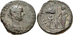 JUDAEA, Neapolis. Volusian. AD 251-253. Æ (24mm, 15.30 g, 6h). Radiate, draped, and cuirassed bust right / Athena standing left, with shield and spear at side, sacrificing over altar; to left, female 