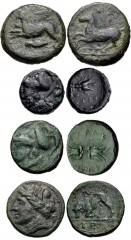 GREEK. Magna Graecia & Sicily. Lot of four (4) Syracusan bronze coins. Includes: Timoleon and the Third Democracy. Æ Hemilitron. CNS 93; HGC 2, 1506 // Agathokles. Æ Trias or Hexas. BAR Issue 26; CNS 