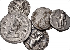 ROMAN. Imperial. Lot of five (5) silver coins from Domitian to Otacilia Severa. Includes: Domitian. AR Denarius // Septimius Severus. AR Denarius (2) // Caracalla. AR Denarius. Contemporary imitation 