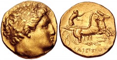 KINGS of MACEDON. temp. Philip II – Alexander III. Circa 340/36-328 BC. AV Stater (17mm, 8.63 g, 6h). In the name and types of Philip II. Pella mint. Head of Apollo right, wearing laurel wreath / Char