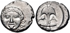 THRACE, Apollonia Pontika. Late 5th-4th centuries BC. AR Drachm (13mm, 2.88 g, 8h). Facing gorgoneion; spiral ornament / Upright anchor; crayfish to left, A to right. SNG BM Black Sea 160-1 var. (symb