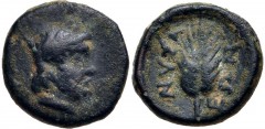 LYDIA, Nysa. 1st century BC. Æ (10mm, 1.52 g, 12h). Laureate(?) head of Hades right / Grain ear. Regling, Überblick 24 var. (poppy and grain on rev.); SNG München 358 var. (same); otherwise unpublishe