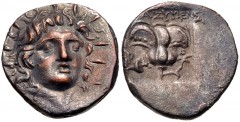 ISLANDS off CARIA, Rhodos. Rhodes. Circa 170-150 BC. AR Hemidrachm (13mm, 1.39 g, 12h). ‘Plinthophoric’ coinage. Thrasymenes, magistrate. Radiate head of Helios facing slightly right / Rose with bud t