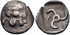DYNASTS of LYCIA. Mithrapata. Circa 390-370 BC. AR Diobol (12mm, 1.02 g, 6h). Lion scalp facing / Triskeles; dolphin below; all within incuse square. Falghera 195-6 var. (no dolphin); SNG Copenhagen S