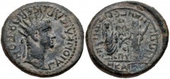 LYDIA, Magnesia ad Sipylum. Gaius (Caligula), with Germanicus and Agrippina Senior. AD 37-41. Æ (21mm, 4.70 g, 12h). Radiate head of Gaius right / Germanicus, with toga drawn up over head (capite vela