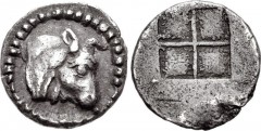 MACEDON, Akanthos. Circa 470-390 BC. AR Obol or Hemiobol (8.5mm, 0.37 g). Uncertain standard. Head of bull right / Quadripartite incuse square, with granular quarters. AMNG III/2, 27 (hemiobol); SNG A