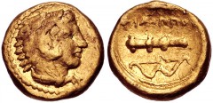 KINGS of MACEDON. temp. Philip II – Alexander III. Circa 340/36-328 BC. AV Quarter Stater (10mm, 2.12 g, 3h). In the name and types of Philip II. Amphipolis mint. Head of Herakles right, wearing lion 
