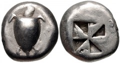 ISLANDS off ATTICA, Aegina. Circa 525-480 BC. AR Stater (18mm, 12.00 g). Sea turtle / Incuse square with mill-sail pattern. Meadows, Aegina, Group IIb; HGC 6, 429. Near VF. Well centered on a broad fl