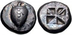 ISLANDS off ATTICA, Aegina. Circa 525-480 BC. AR Stater (20mm, 12.30 g). Sea turtle / Incuse square divided into eight segments, five of which are filled. Meadows, Aegina, Group IIb; HGC 6, 430. VF, t