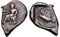ELIS, Olympia. 86th Olympiad. 436 BC. AR Stater (20.5mm, 11.40 g, 2h). Zeus seated left on rock, eagle alighting from his extended right hand; small c/m: uncertain symbol in circular incuse / Eagle fy