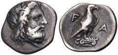 ELIS, Olympia. 107th-108th Olympiad. 352-348 BC. AR Hemidrachm (15mm, 2.58 g, 8h). Hera mint. Laureate head of Zeus right / Eagle standing right on Ionic capital. Seltman, Temple, Group G; BCD Olympia