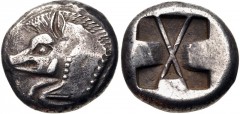 LYCIA, Uncertain. Circa 520-470/60 BC. AR Stater (18.5mm, 9.31 g). Forepart of boar right / Incuse square divided by large X, indentations on two sides. Falghera 14–6; SNG Copenhagen Supp. 370. VF, to