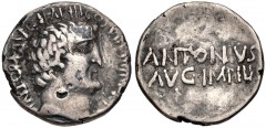 The Triumvirs. Mark Antony. Summer 32 BC. Fourrée Denarius (17mm, 2.70 g, 10h). Athens mint. Bare head right; small P (signature) in hair below ear / ANTONIVS/AVG IMP III in two lines. Crawford 542/2;