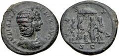 Julia Domna. Augusta, AD 193-217. Æ As (27mm, 9.59 g, 11h). Rome mint. Struck under Caracalla, circa AD 214. Diademed and draped bust right / Four Vestal Virgins sacrificing over altar in front of the