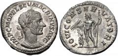 Macrinus. AD 217-218. AR Denarius (18mm, 2.62 g, 6h). Rome mint. 1st emission, AD 217. Laureate and cuirassed bust right / Jupiter standing left, holding thunderbolt and scepter; small figure of Macri