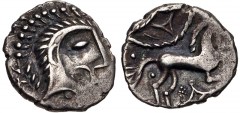 CELTIC, Iceni. Uninscribed. Circa 65-1 BC. AR Unit (12.5mm, 1.20 g, 4h). Norfolk God, Moustache (Icenian O) type. Head right; [trefoil ornament before], three pellets below / Horse right; wheel-like o