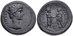 LYDIA, Sardis. Augustus. 27 BC-AD 14. Æ (21mm, 7.45 g, 12h). Homonoia with Pergamum. Mousaios, magistrate. Bare head right / Tyche of Sardis and Demos of Pergamum, each holding scepter, standing vis-à