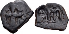 ISLAMIC, Time of Muhammad & the Rashidun. Pseudo-Byzantine types. Circa AH 1-55 / AD 622-675. Æ Fals (24mm, 4.06 g, 2h). Pseudo-Byzantine Type E. Uncertain Syrian mint. Struck circa 647-658. Imperial 