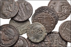 ROMAN. Imperial. Lot of fourteen (14) Æ Late Roman Issues. Includes: Mostly sons of Constantine I reduced folles, but also Roma Commemorative (2), and Theodora (2). Coins VF or better, mostly brown pa