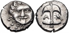 THRACE, Apollonia Pontika. Late 5th-4th centuries BC. AR Drachm (13mm, 2.77 g, 8h). Facing gorgoneion; spiral ornament / Upright anchor; A to left, crayfish to right. SNG BM Black Sea 160-1; SNG Copen
