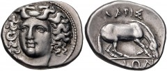 THESSALY, Larissa. Circa 365-356 BC. AR Drachm (19mm, 5.93 g, 6h). Head of the nymph Larissa facing slightly left, with hair in ampyx / ΛAPIΣ [A]IΩN above and below, horse right, preparing to lie down