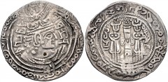 HUNNIC TRIBES, Nezak Huns. Sandan. 680-738. AR Drachm (31mm, 3.44 g, 12h). Uncertain Baktrian mint. Struck circa AD 688 or later. Crowned bust right; c/m: tamgha / Fire altar flanked by attendants; st