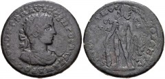 LYDIA, Acrasus. Severus Alexander. AD 222-235. Æ (36mm, 22.97 g, 12h). Laureate, draped, and cuirassed bust right / Hercules standing facing, head right, holding the apples of the Hesperides, lion ski