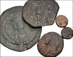 BYZANTINE. Lot of five (5) Æ Denominations. Includes: Anastasius I. Æ Follis. Ex E-323, lot 463 // Justin I & Justinian I. Æ Pentanummium (2). Ex E-324, lots 513 and 514 // Justin II, with Sophia. Æ H