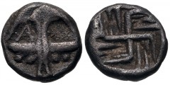 THRACE, Apollonia Pontika. Late 5th-4th centuries BC. AR Hemiobol (6mm, 0.39 g). Anchor; A to left, four pellets below lower crossbar / Swastika within incuse. Cf. Topalov, Apollonia 17 and 19; SNG BM