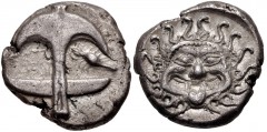 THRACE, Apollonia Pontika. Late 5th-4th centuries BC. AR Drachm (14mm, 3.34 g, 6h). Anchor; crawfish to right / Gorgoneion. Topalov, Apollonia 38; SNG BM Black Sea 150–1. Good VF, toned, minor porosit
