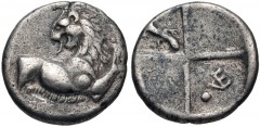 THRACE, Chersonesos. Circa 386-338 BC. AR Hemidrachm (12mm, 2.34 g, 9h). Forepart of lion right, head left / Quadripartite incuse square with alternating raised and sunken quarters; VE monogram to rig
