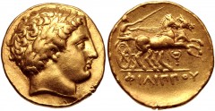 KINGS of MACEDON. temp. Philip II – Alexander III. Circa 340/36-328 BC. AV Stater (18mm, 8.59 g, 1h). In the name and types of Philip II. Pella mint. Head of Apollo right, wearing laurel wreath / Char