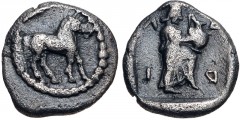 THESSALY, Larissa. Circa 440-400 BC. AR Obol (10mm, 0.90 g, 5h). Horse standing right / Λ ΑP I around from upper left (P retrograde), Larissa standing right, balancing hydria on raised knee; all withi