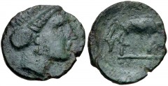 THESSALY, Larissa. Circa 380-370 BC. Æ Dichalkon (14mm, 1.70 g, 3h). Head of the nymph Larissa right / ΛΑ[ΡΙ/ΣΑΙΩΝ] around from lower left, horse standing left, preparing to lie down. Rogers –; BCD Th