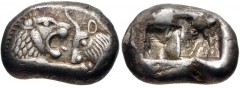 KINGS of LYDIA. Kroisos. Circa 564/53-550/39 BC. AR Half Stater (16mm, 5.36 g). Sardes mint. Confronted foreparts of lion and bull / Two incuse squares. Berk 23; Traité –; SNG Kayhan –; SNG von Aulock