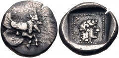 CARIA, Uncertain ('Mint G'). Orou. Local dynast, circa 450-400 BC. AR Quarter Stater (14.5mm, 2.93 g, 10h). Forepart of winged man-headed bull right / Head of female right in dotted square border with