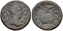 LYDIA, Thyateira. Elagabalus. AD 218-222. Æ (20mm, 4.47 g, 1h). Laureate head right / Prize urn, with two palm fronds. SNG Copenhagen 620. Near VF, green patina. From the Dr. George Spradling Collecti