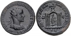 SYRIA, Seleucis and Pieria. Antioch. Volusian. AD 251-253. Æ 8 Assaria (29mm, 18.83 g, 12h). Struck AD 251. Radiate, draped, and cuirassed bust right / Tetrastyle temple, with ram leaping right above,