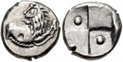 THRACE, Chersonesos. Circa 386-338 BC. AR Hemidrachm (13mm, 2.54 g). Forepart of lion right, head reverted / Quadripartite incuse square with alternating raised and sunken quarters; pellets in opposit
