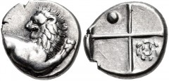 THRACE, Chersonesos. Circa 386-338 BC. AR Hemidrachm (13mm, 2.42 g). Forepart of lion right, head reverted / Quadripartite incuse square with alternating raised and sunken quarters; pellet and wreath 