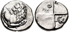 THRACE, Chersonesos. Circa 386-338 BC. AR Hemidrachm (13mm, 2.24 g). Forepart of lion right, head reverted / Quadripartite incuse square with alternating raised and sunken quarters; ΘE (or shield and 