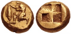 MYSIA, Kyzikos. Circa 500-450 BC. EL Myshemihekte – Twenty-fourth Stater (6mm, 0.61 g). Nude male kneeling left, holding tunny by its tail / Quadripartite incuse square. Von Fritze I 112; cf. SNG Fran