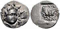 ISLANDS off CARIA, Rhodos. Rhodes. Circa 88-84 BC. AR Hemidrachm (13mm, 1.14 g, 12h). ‘Plinthophoric’ coinage. Menodoros, magistrate. Radiate head of Helios facing slightly right / Rose with bud to le