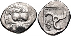 DYNASTS of LYCIA. Mithrapata. Circa 390-370 BC. AR Stater (23.5mm, 9.72 g, 9h). Facing lion scalp / Triskeles; to left, head of Hermes facing slightly left, wearing petasos and drapery at neck, with k