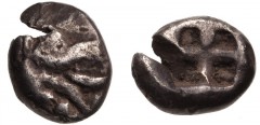 ASIA MINOR, Uncertain. Circa 550-520 BC. AR Sixth Stater (8.5mm, 1.45 g). Stylized head of griffin right / Quadripartite incuse square. CH VIII, Hoard 11, pl. II, 14–21. Near VF, toned, edge split. Ve