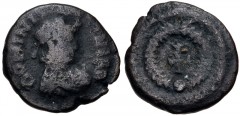 Bonifatius. Comes Africae, AD 422-431. Æ (11mm, 1.06 g, 3h). Carthage mint. Struck AD 423-425. DOMINIS [NOS...], pearl-diademed, draped, and cuirassed bust right / Cross within wreath. Cf. RIC X 3810,