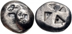 ISLANDS off ATTICA, Aegina. Circa 525-480 BC. AR Stater (19mm, 11.87 g). Sea turtle, [head in profile, with thin collar and row of dots down its back] / Incuse square with ‘windmill’ pattern. Meadows,