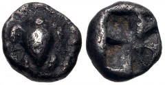 ISLANDS off ATTICA, Aegina. Circa 525-480 BC. AR Obol (8mm, 0.99 g). Sea turtle, head in profile, [with thin collar and row of dots down its back] / Incuse square with ‘windmill’ pattern. Meadows, Aeg